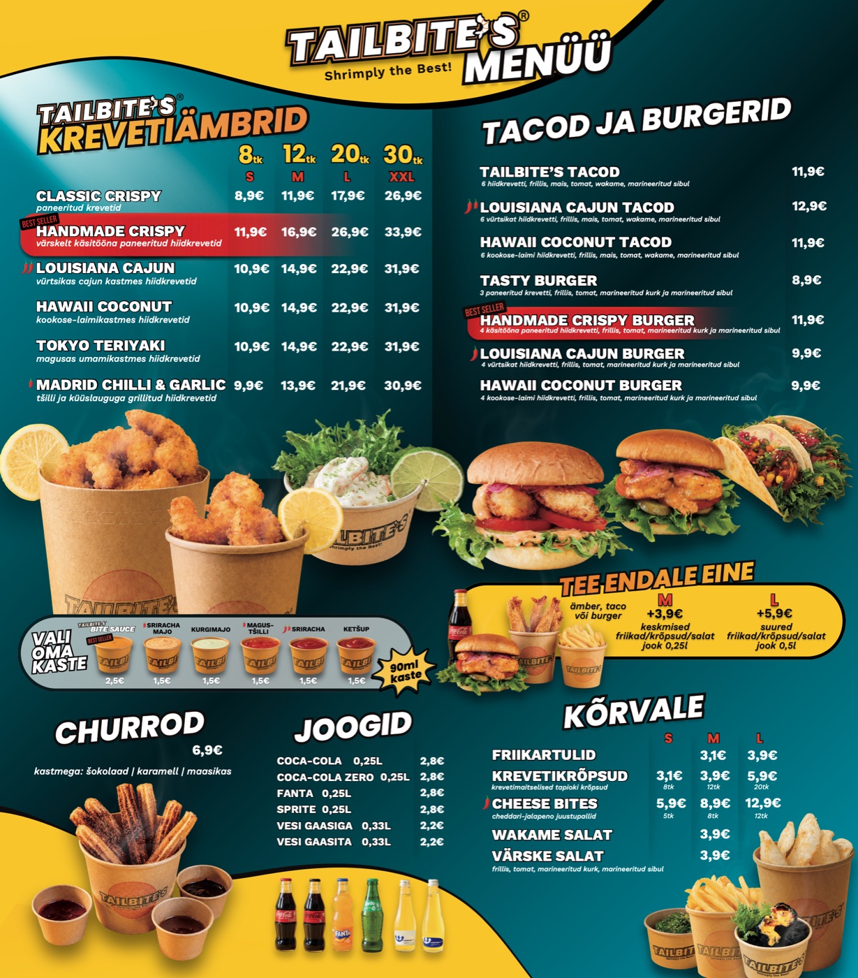 TAILBITE’S® menüü: krevetiämbrid, tacod, burgerid, kastmed, churrod, joogid ja lisandid